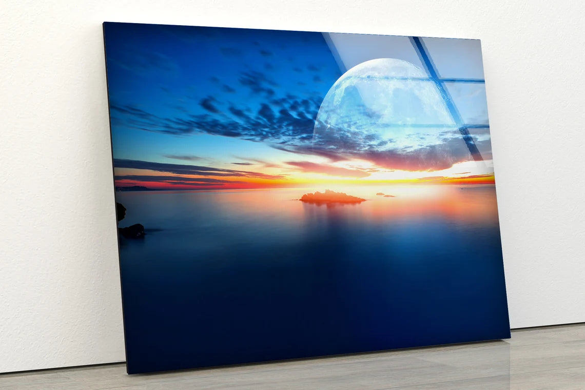 Moon & Sunset Sea Scenery View Photograph Acrylic Glass Print Tempered Glass Wall Art 100% Made in Australia Ready to Hang