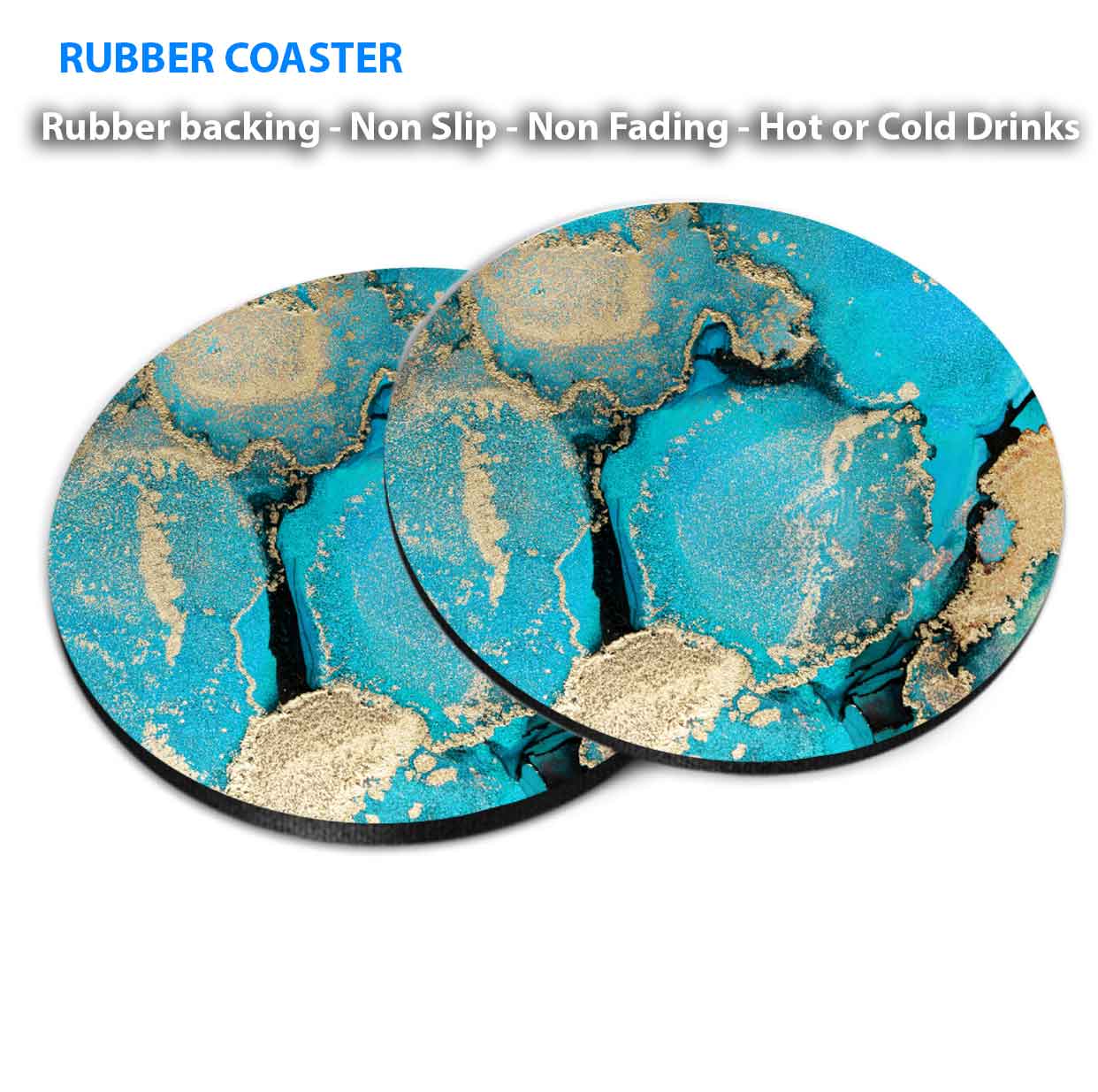 Blue Gold Splash Abstract Design Coasters Wood & Rubber - Set of 6 Coasters