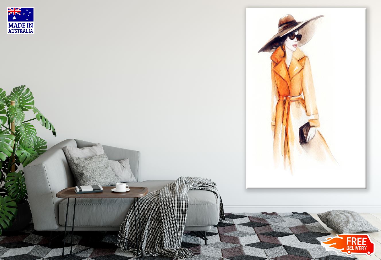 Fashion Woman in Coat Watercolor Painting Print 100% Australian Made