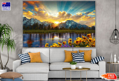 Flowers & Mountain Sunset Scenery Print 100% Australian Made