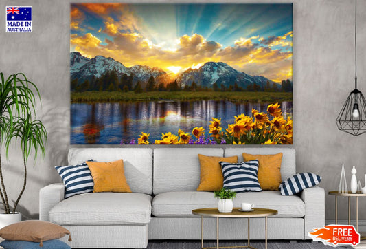 Flowers & Mountain Sunset Scenery Print 100% Australian Made