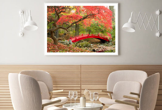 Red Bridge Over Pond in Forest Home Decor Premium Quality Poster Print Choose Your Sizes
