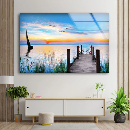 Wooden Pier Over Lake Sunset View Photograph Acrylic Glass Print Tempered Glass Wall Art 100% Made in Australia Ready to Hang