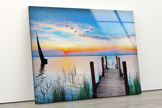 Wooden Pier Over Lake Sunset View Photograph Acrylic Glass Print Tempered Glass Wall Art 100% Made in Australia Ready to Hang