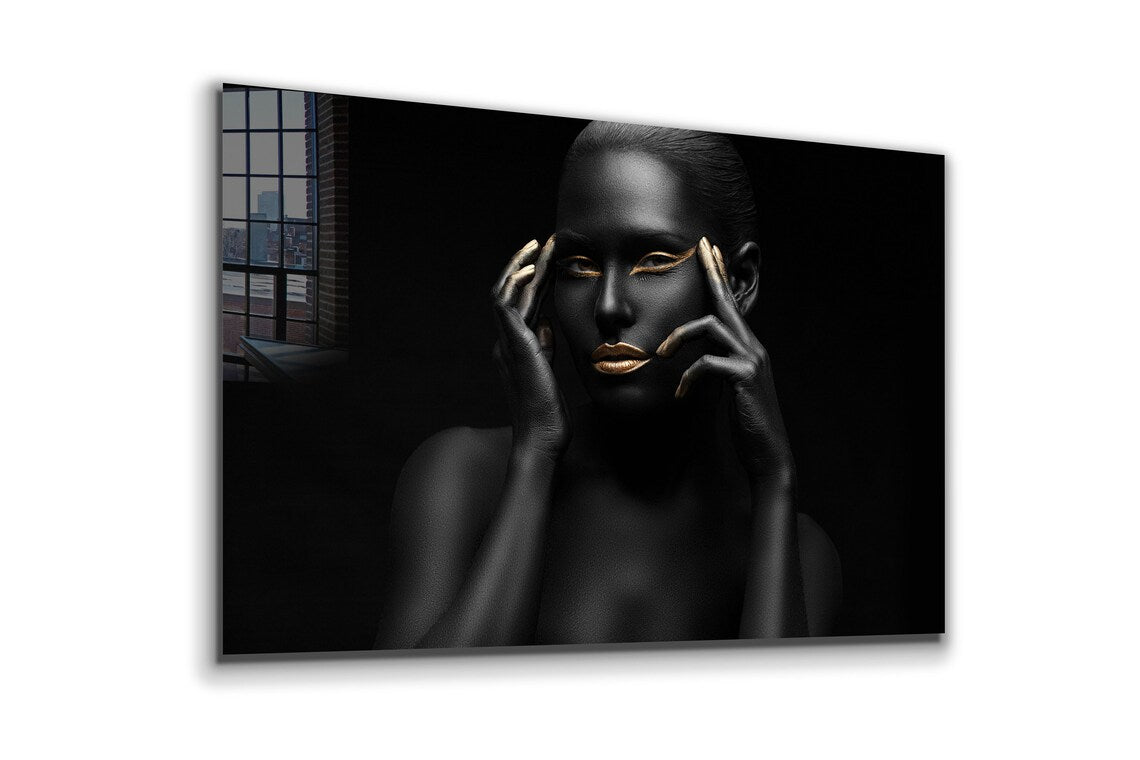 Black Woman Gold Makeup Print Tempered Glass Wall Art 100% Made in Australia Ready to Hang