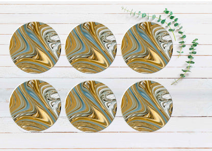 Gold Grey Blue Fluid Abstract Coasters Wood & Rubber - Set of 6 Coasters