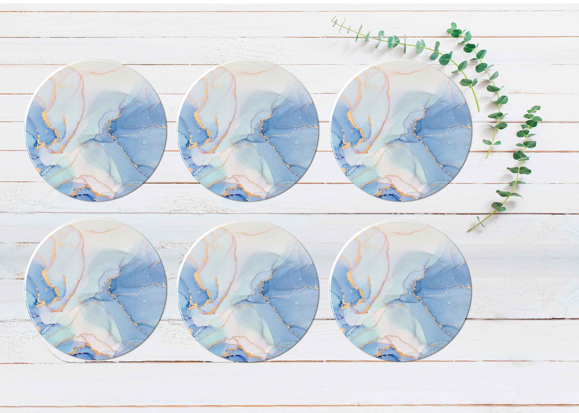 Blue White & Gold Splash Abstract Coasters Wood & Rubber - Set of 6 Coasters