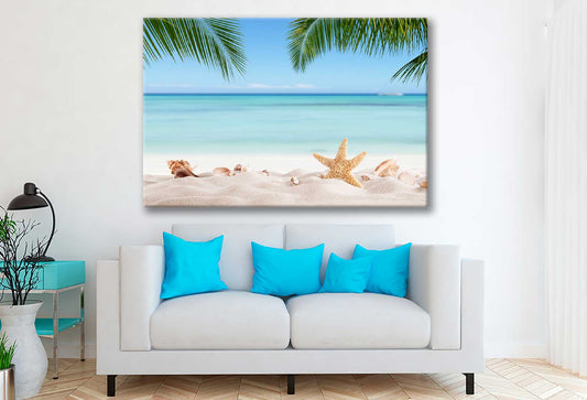 Bella Home Sea Shells Sand With Palm Leaves Print Canvas Ready to hang