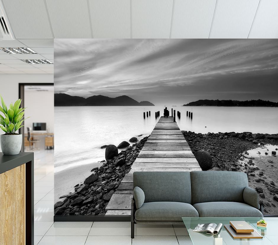 Wallpaper Murals Peel and Stick Removable Wooden Pier Over Beach B&W Photograph High Quality