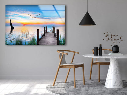 Wooden Pier Over Lake Sunset View Photograph Acrylic Glass Print Tempered Glass Wall Art 100% Made in Australia Ready to Hang