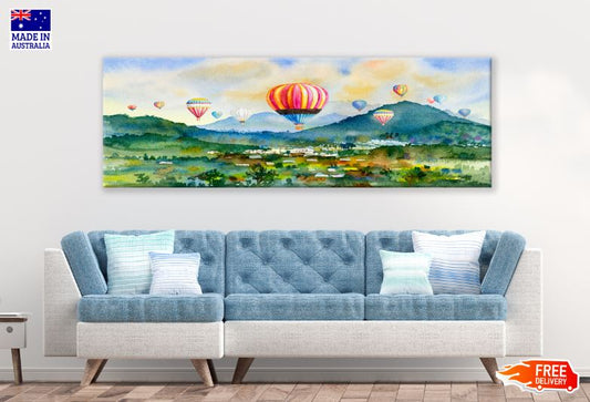 Panoramic Canvas Landscape View with Hot Air Balloons Painting High Quality 100% Australian made wall Canvas Print ready to hang