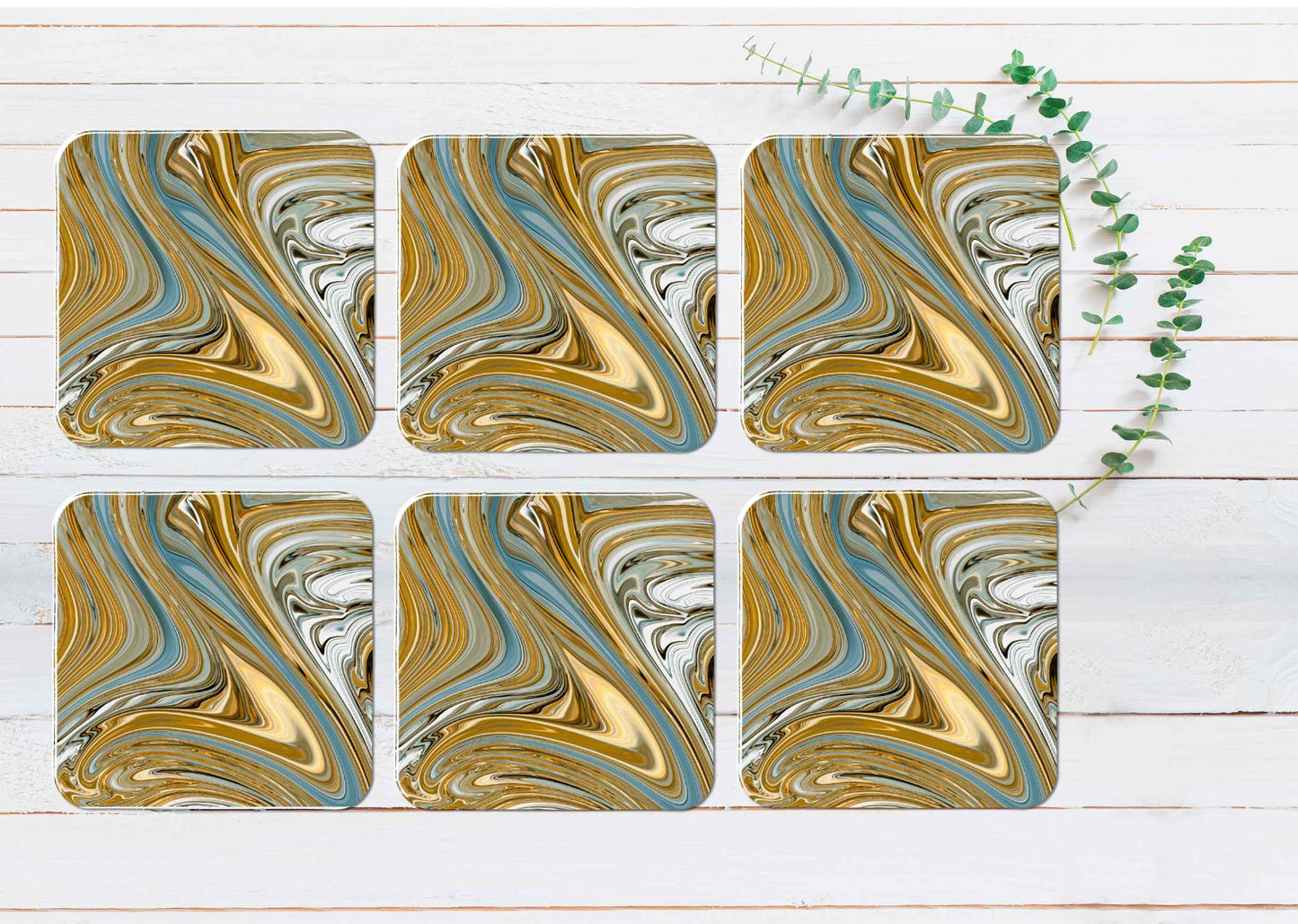 Gold Grey Blue Fluid Abstract Coasters Wood & Rubber - Set of 6 Coasters