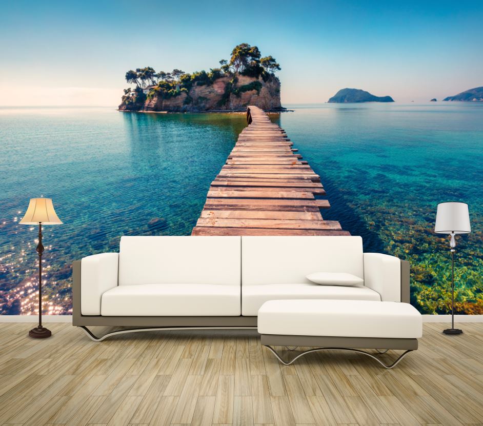 Wallpaper Murals Peel and Stick Removable Wooden Pier to Island Over Beach High Quality