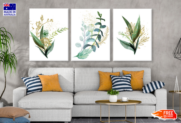 3 Set of Watercolour Floral Green & Gold Leaf Branches High Quality print 100% Australian made wall Canvas ready to hang