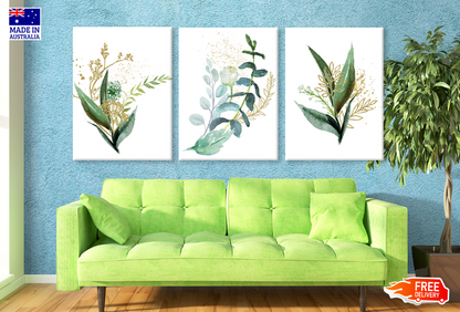 3 Set of Watercolour Floral Green & Gold Leaf Branches High Quality print 100% Australian made wall Canvas ready to hang