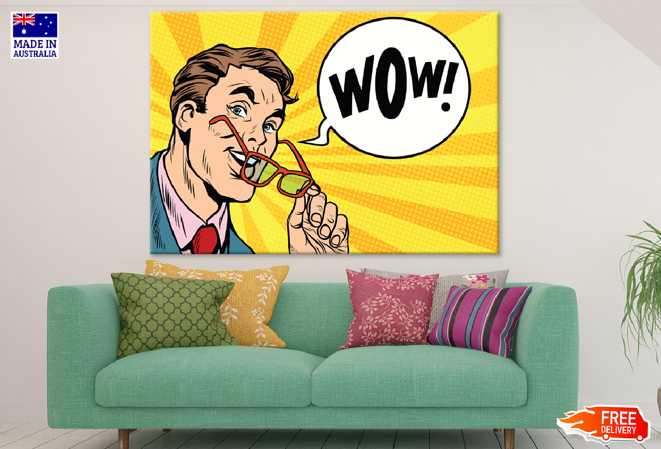 WOW Quote in Speech Bubble & Man with Glasses Illustration Print 100% Australian Made