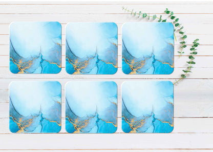 Blue Gold Splash Marble Ink Abstract Coasters Wood & Rubber - Set of 6 Coasters