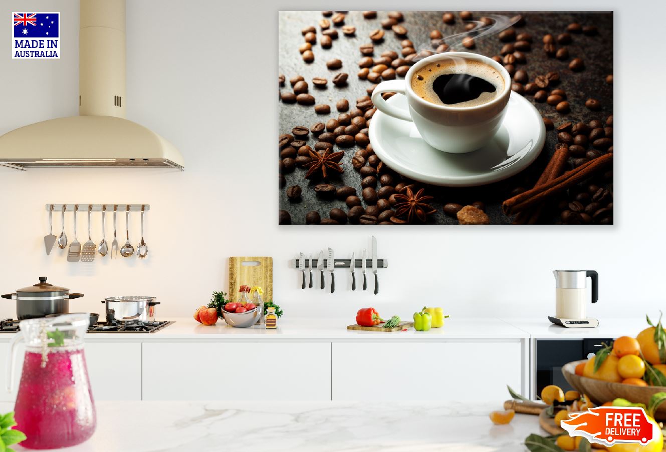 Black Coffee with Coffe Beans Closeup Photograph Print 100% Australian Made