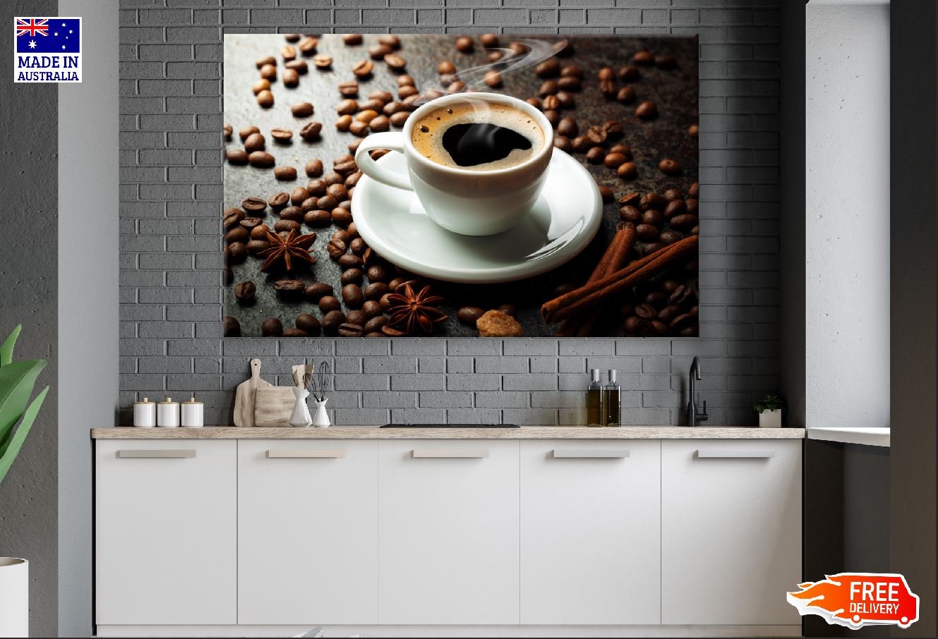 Black Coffee with Coffe Beans Closeup Photograph Print 100% Australian Made