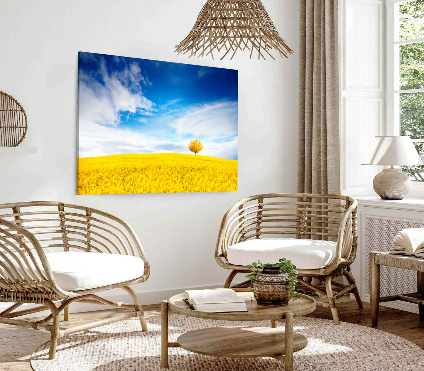 Bella Home Yellow Flower Field & Blue Sky Print Canvas Ready to hang