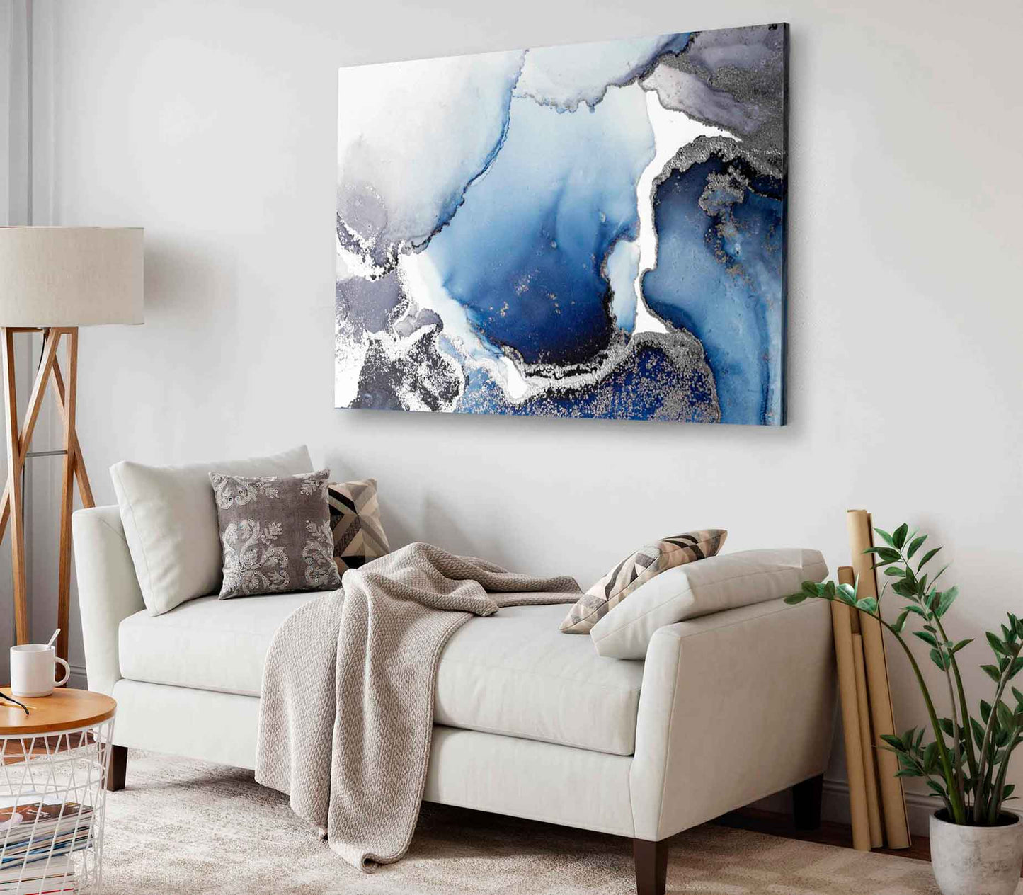 Bella Home Dark Blue & Silver Fluid Abstract Print Canvas Ready to hang