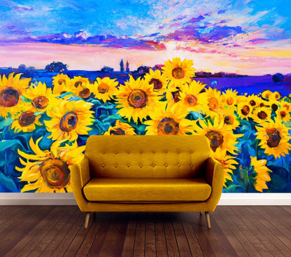 Wallpaper Murals Peel and Stick Removable Sunflower Field Painting High Quality