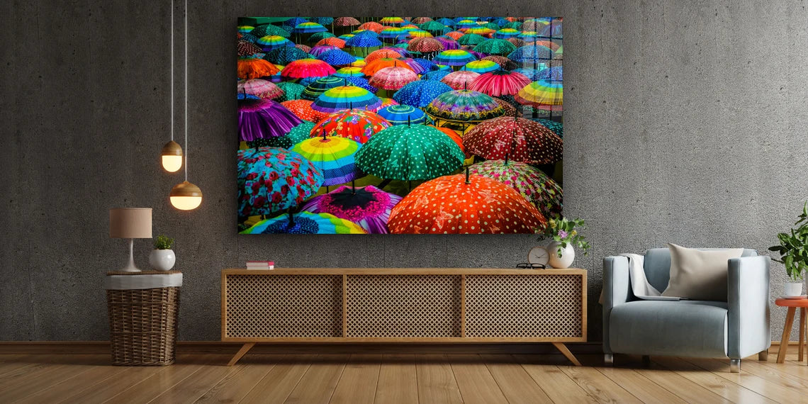 Colorful Umbrellas Print Tempered Glass Wall Art 100% Made in Australia Ready to Hang