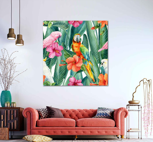 Square Canvas Hibiscus Leaves & Parrot Vector Design High Quality Print 100% Australian Made