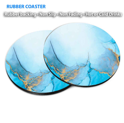 Blue Gold Splash Marble Ink Abstract Coasters Wood & Rubber - Set of 6 Coasters