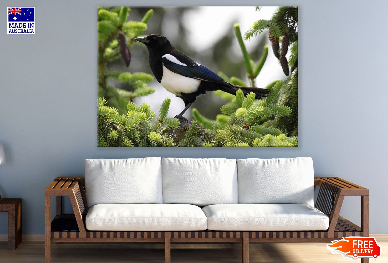 B&W British Bird on Tree Closeup Photograph Print 100% Australian Made