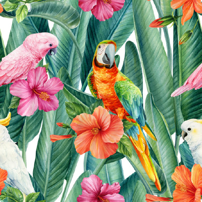 Square Canvas Hibiscus Leaves & Parrot Vector Design High Quality Print 100% Australian Made