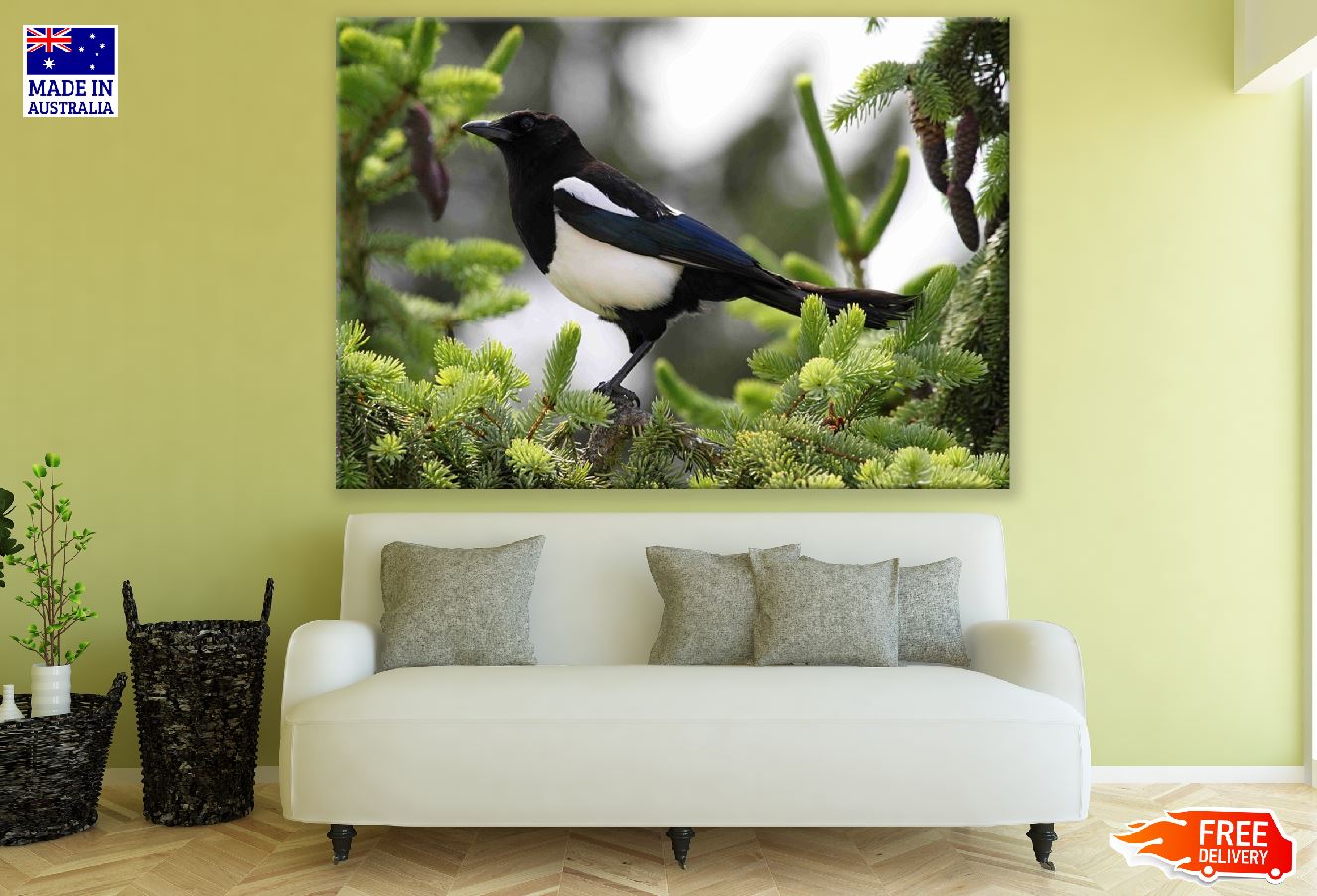 B&W British Bird on Tree Closeup Photograph Print 100% Australian Made