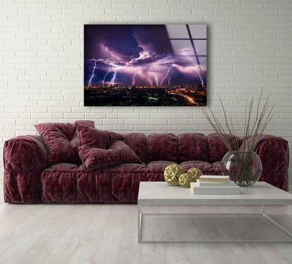 Lightning Over City Night View Photograph Acrylic Glass Print Tempered Glass Wall Art 100% Made in Australia Ready to Hang