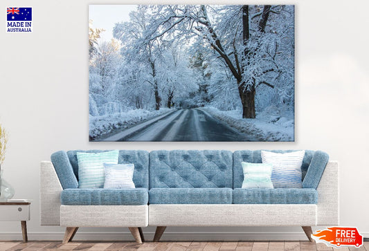 Snow Covered Black Trees on Road Photograph Print 100% Australian Made