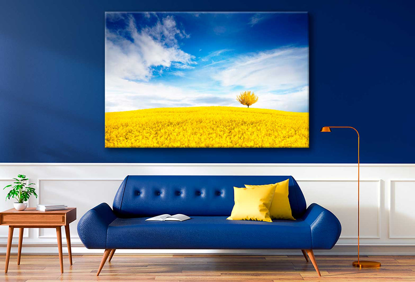 Bella Home Yellow Flower Field & Blue Sky Print Canvas Ready to hang