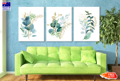 3 Set of Watercolour Green & Gold Leaf Painting High Quality print 100% Australian made wall Canvas ready to hang