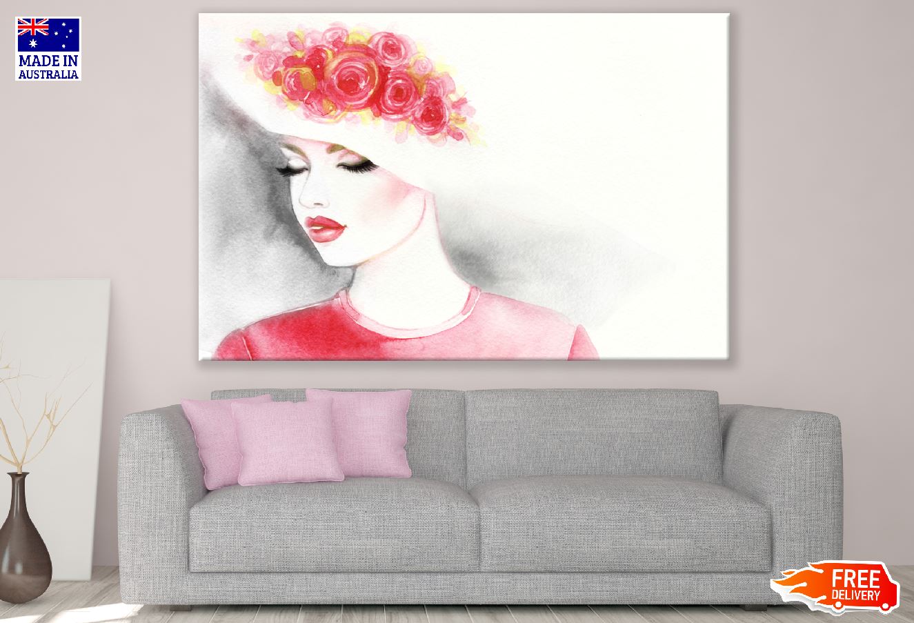 Woman with Red Rose Hat Abstract Watercolor Painting Print 100% Australian Made