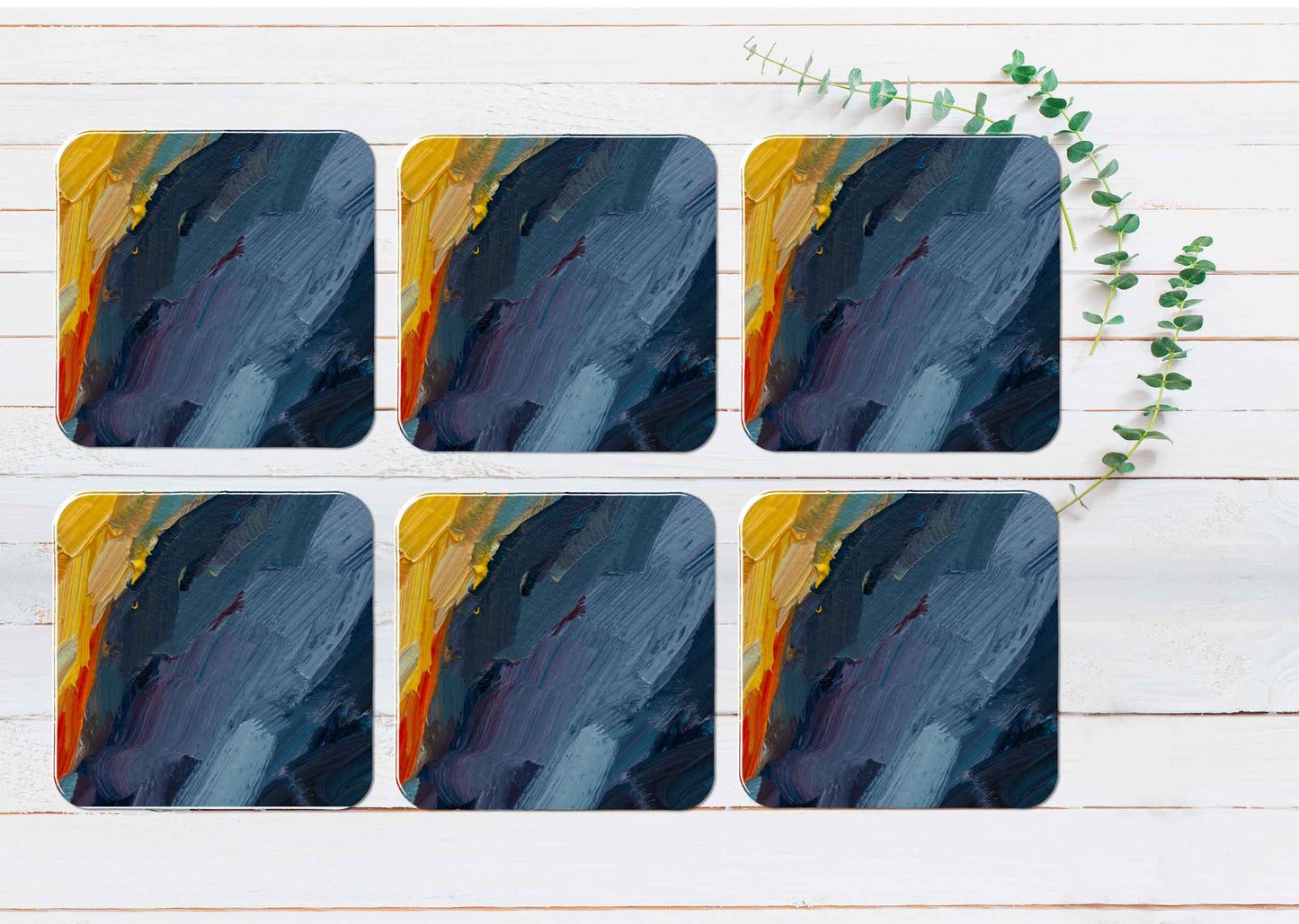 Orange Yellow Navy Blue Brush Strokes Coasters Wood & Rubber - Set of 6 Coasters