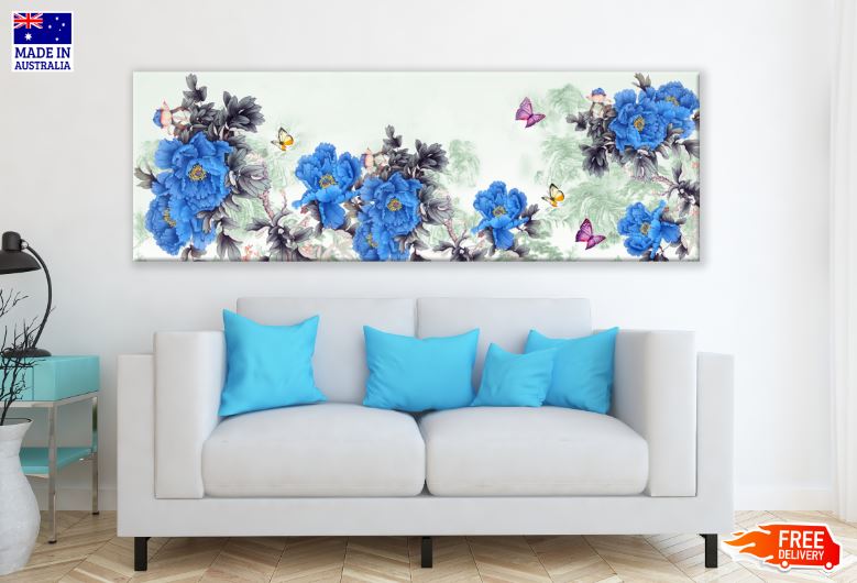 Panoramic Canvas Colorful Flowers & Butterflies Painting High Quality 100% Australian Made Wall Canvas Print Ready to Hang