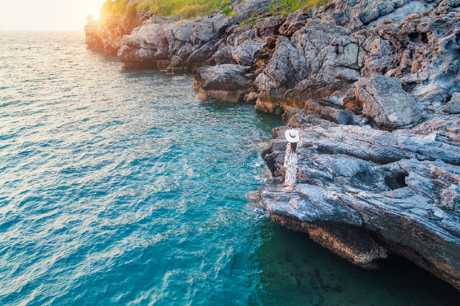 Woman on Rock Seashore Sunset View Photograph Print 100% Australian Made