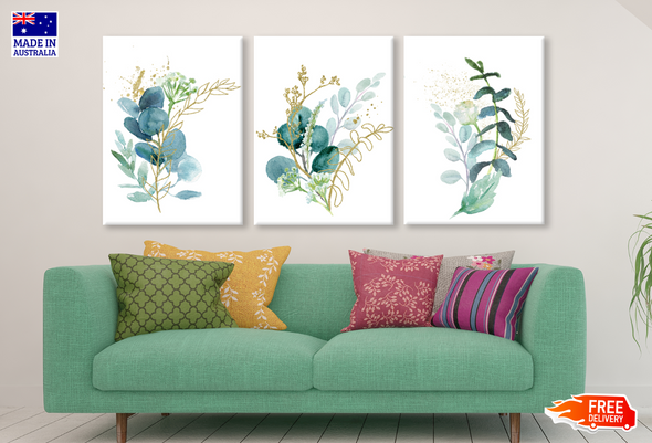 3 Set of Watercolour Green & Gold Leaf Painting High Quality print 100% Australian made wall Canvas ready to hang