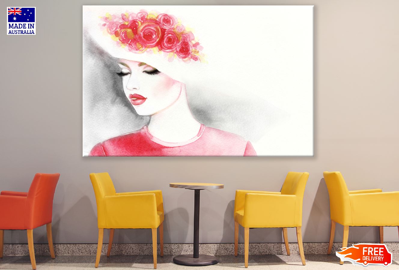 Woman with Red Rose Hat Abstract Watercolor Painting Print 100% Australian Made