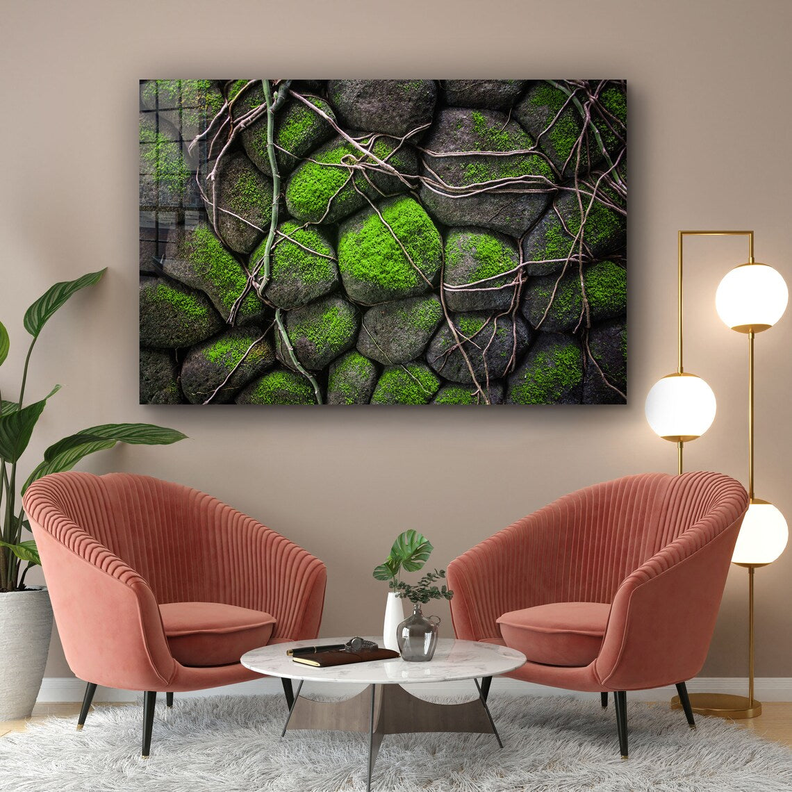 Rocks in the Moss Print Tempered Glass Wall Art 100% Made in Australia Ready to Hang