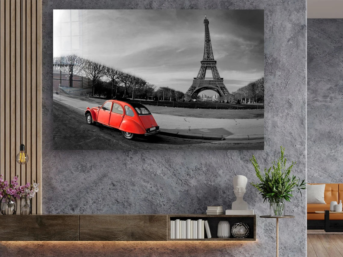 Red Car & Eiffel Tower Print Tempered Glass Wall Art 100% Made in Australia Ready to Hang