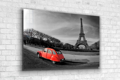 Red Car & Eiffel Tower Print Tempered Glass Wall Art 100% Made in Australia Ready to Hang