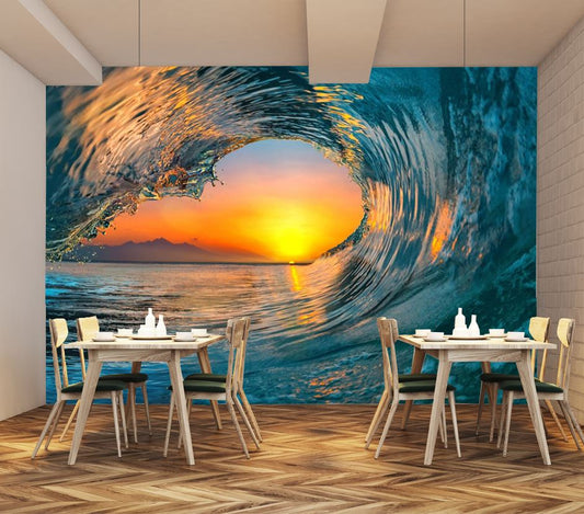 Wallpaper Murals Peel and Stick Removable Sunset View through a Wave Photograph High Quality