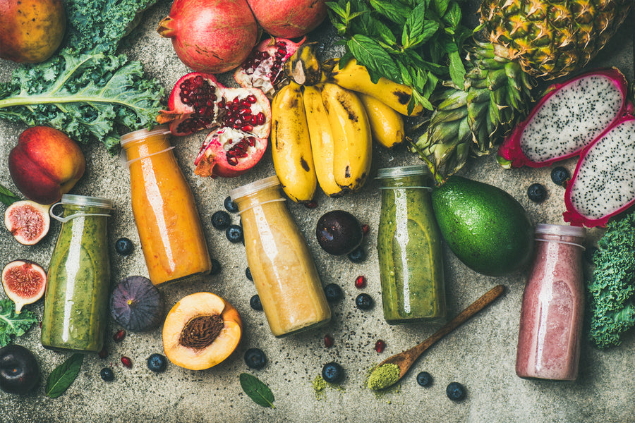 Bottles with Fresh Tropical Fruit and Superfoods Photograph Print 100% Australian Made