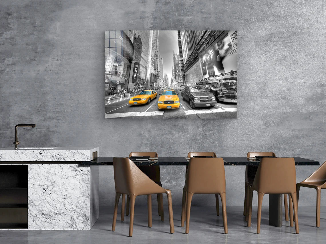 Yellow Taxi B&W City Print Tempered Glass Wall Art 100% Made in Australia Ready to Hang