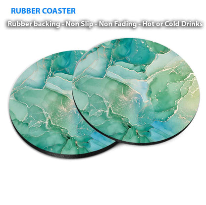 Blur Green & Gold Splash Abstract Ink Coasters Wood & Rubber - Set of 6 Coasters