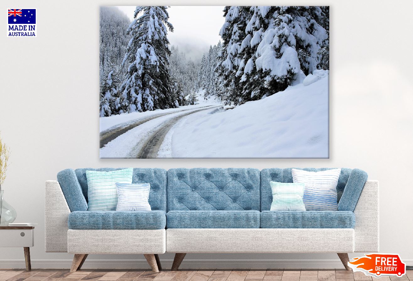 Snow Covered Trees with Road & Snow Field Photograph Print 100% Australian Made